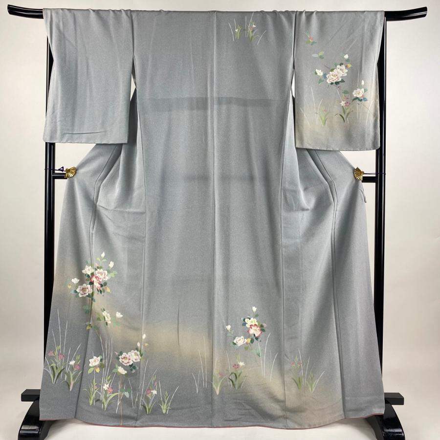 訪問着 身丈168cm 裄丈68.5cm L 袷 やまと 枝花 ぼかし 青灰色 正絹  