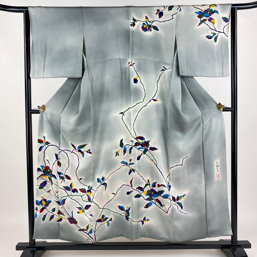 訪問着 身丈154cm 裄丈62.5cm S 袷 斉藤三才 落款あり 枝花 ぼかし 青  