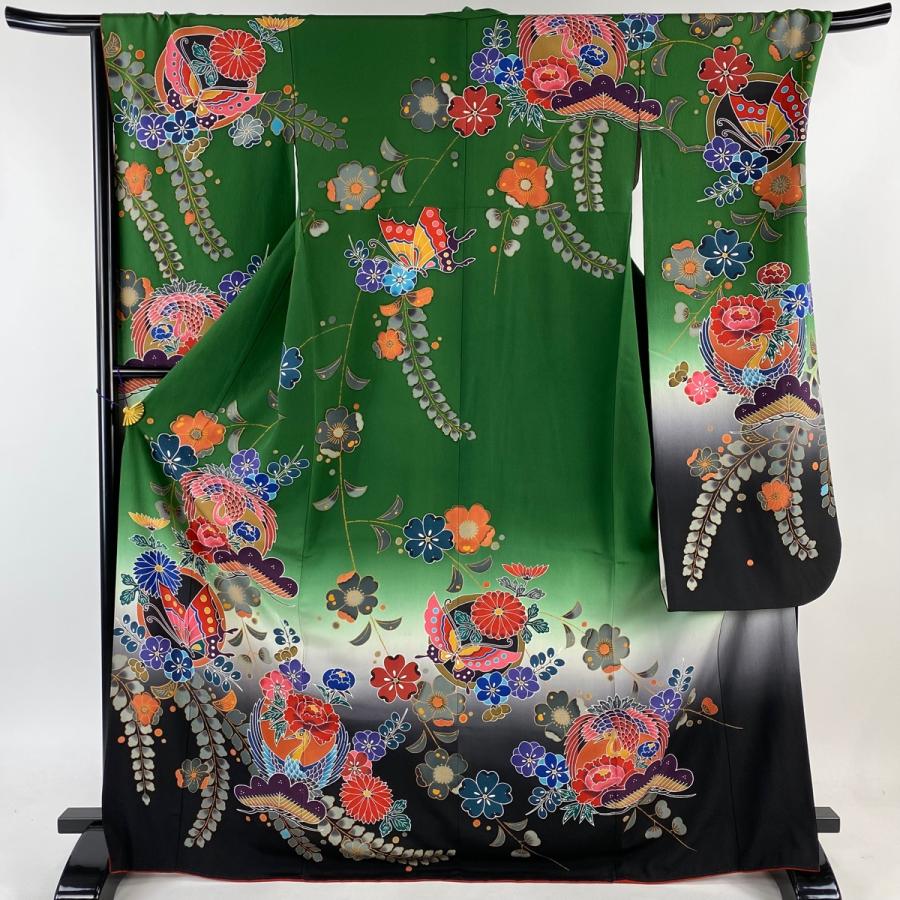 振袖 身丈170cm 裄丈68cm L 袷 落款あり 蝶 鶴 ぼかし 緑 正絹 名品  