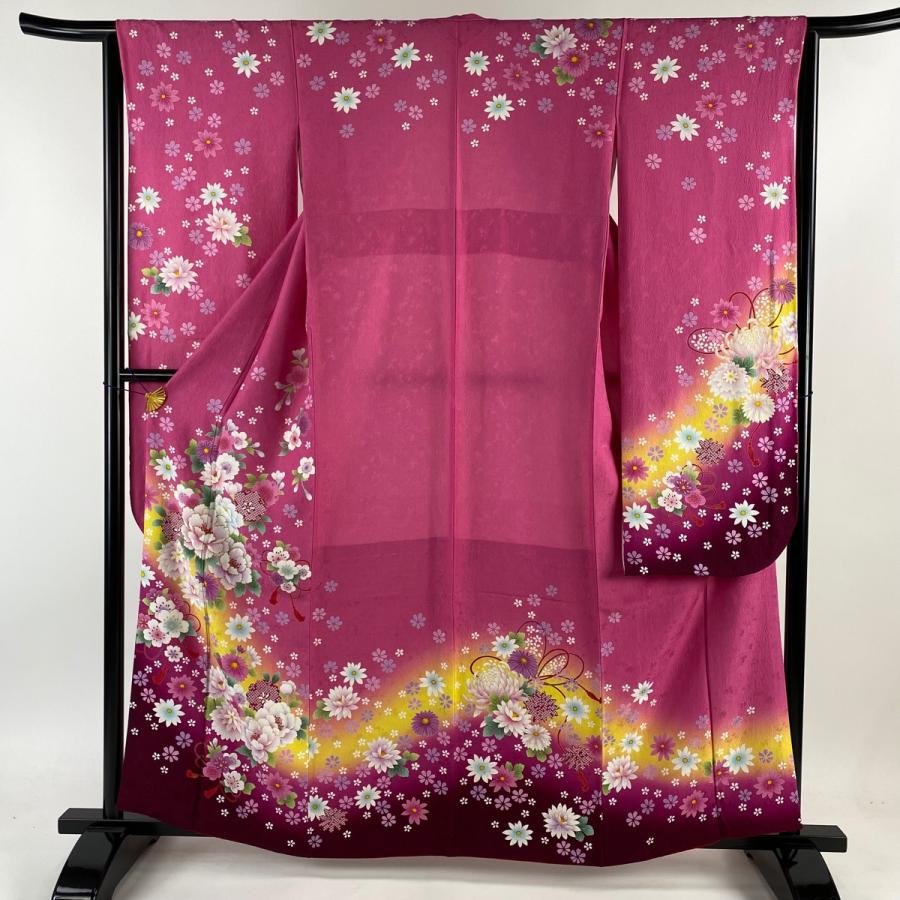 振袖 身丈161cm 裄丈64.5cm M 袷 草花 疋田柄 箔 ぼかし ピンク 正絹  