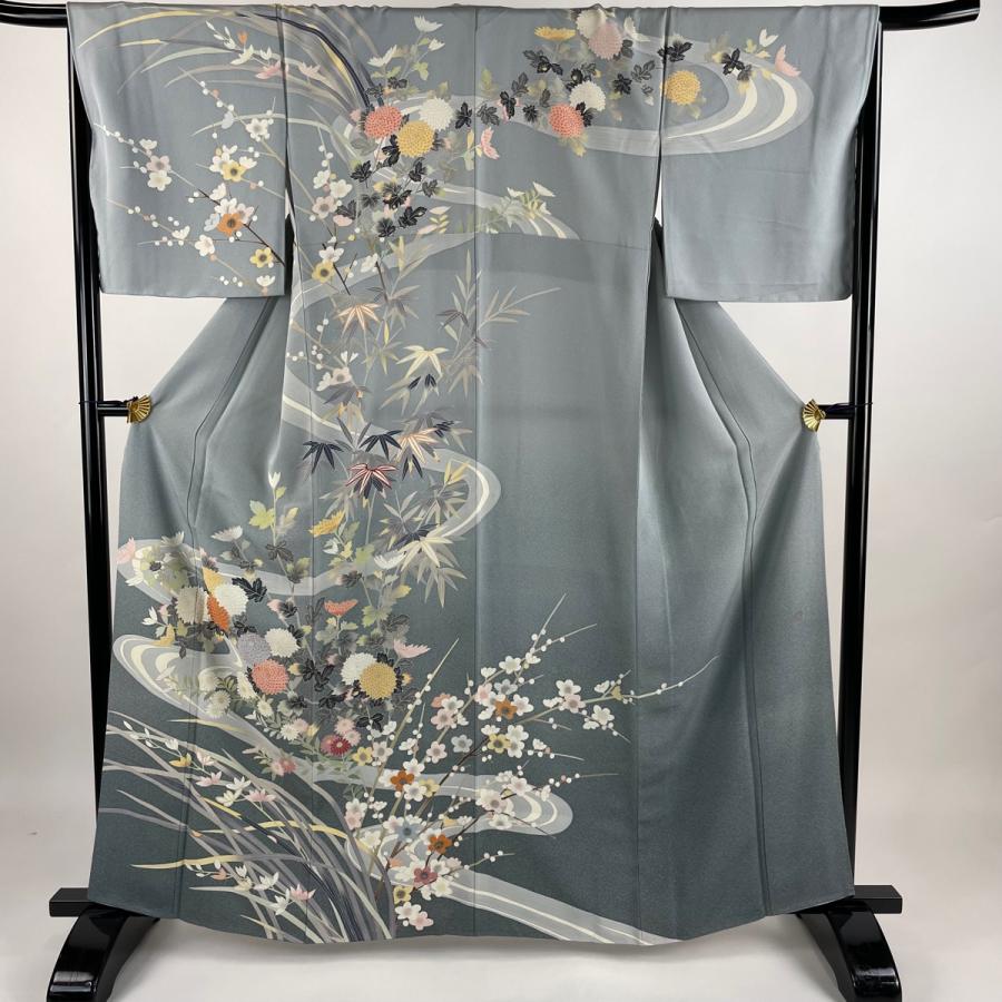 訪問着 身丈162cm 裄丈68cm L 袷 落款あり 草花 流水 ぼかし 青灰色  