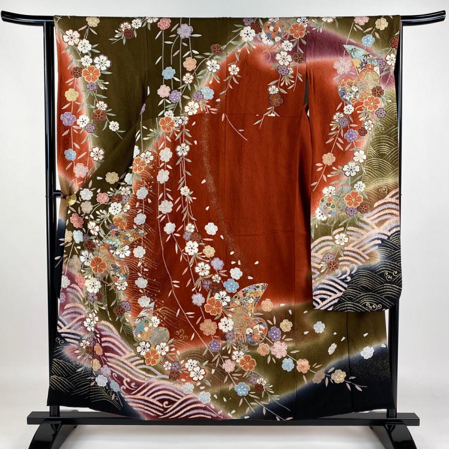 振袖 身丈155cm 裄丈64cm M 袷 鼓 草花 金彩 絞り 赤茶 正絹 美品 名品  