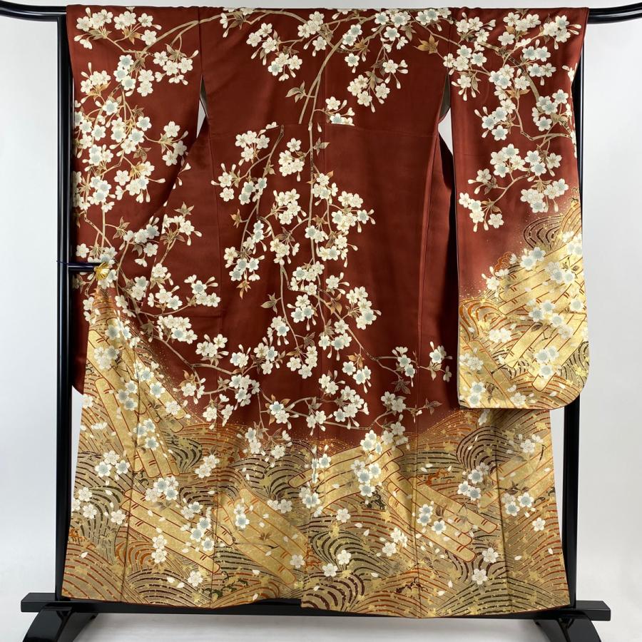 振袖 身丈158cm 裄丈67cm M 袷 花筏 桜 金糸 金彩 茶色 正絹 名品 中古  