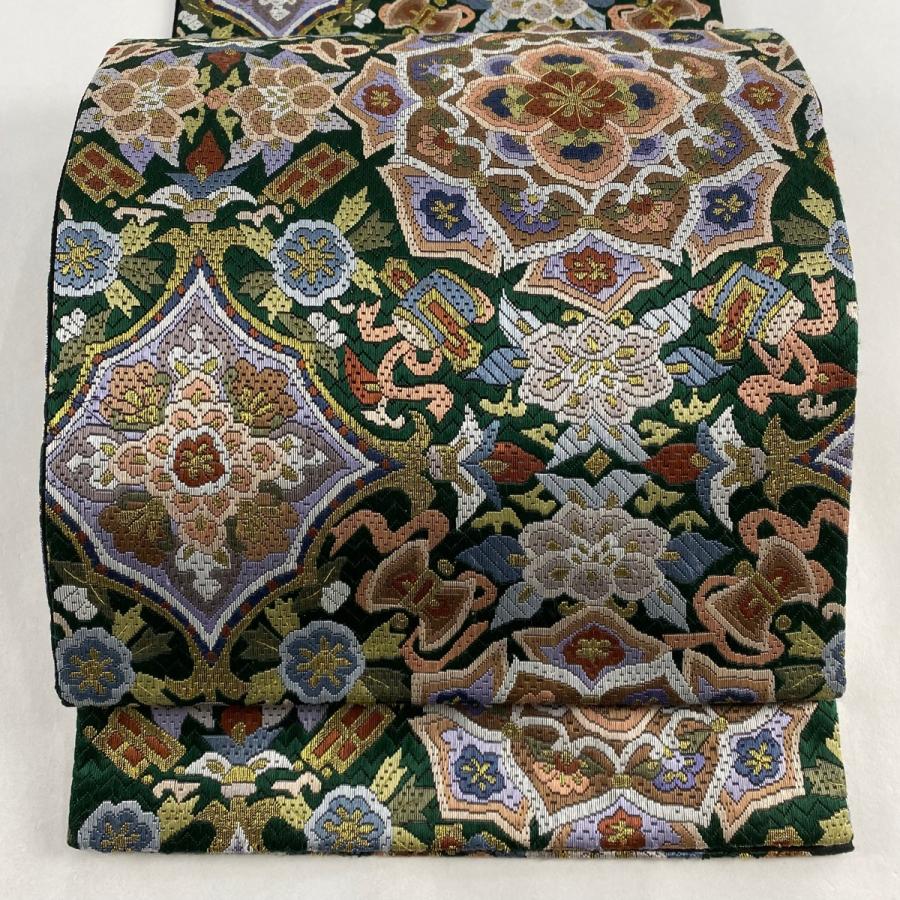 袋帯 美品 逸品 華文 宝尽くし 絽刺し 金糸 深緑 全通 正絹 中古  