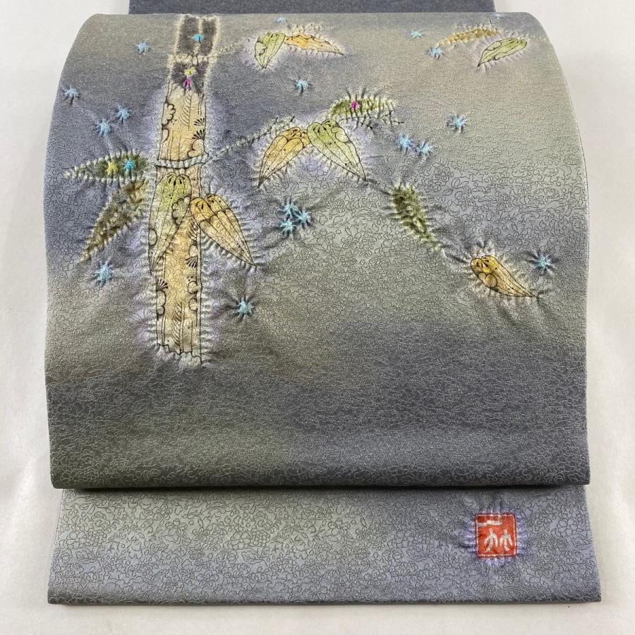 袋帯 美品 逸品 二代目 久保田一竹 落款あり 竹 金通し 絞り 青 袋帯 美品 逸品 二代目 久保田一竹 落款あり 竹 金通し 絞り 青