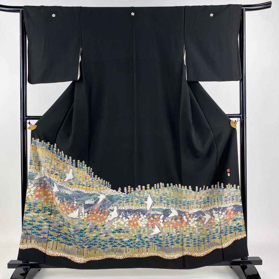 黒留袖 身丈157.5cm 裄丈65cm M 袷 落款あり 鶴 松梅 染め分け 黒 正絹
