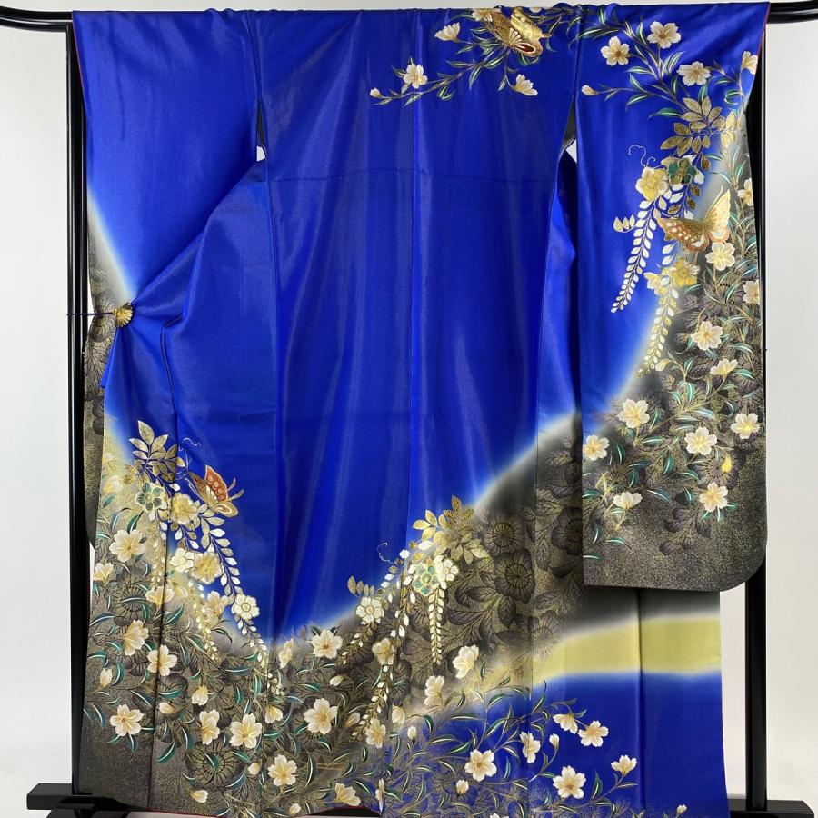 振袖 身丈160cm 裄丈67.5cm L 袷 蝶 草花 金通し 青 正絹 美品 名品  