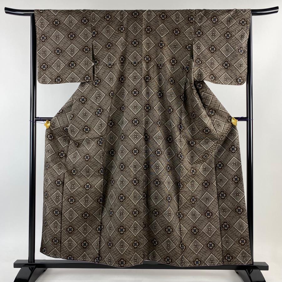 大島紬 身丈158.5cm 裄丈65cm M 袷 証紙あり 菱 華文 焦茶色 正絹 美品  