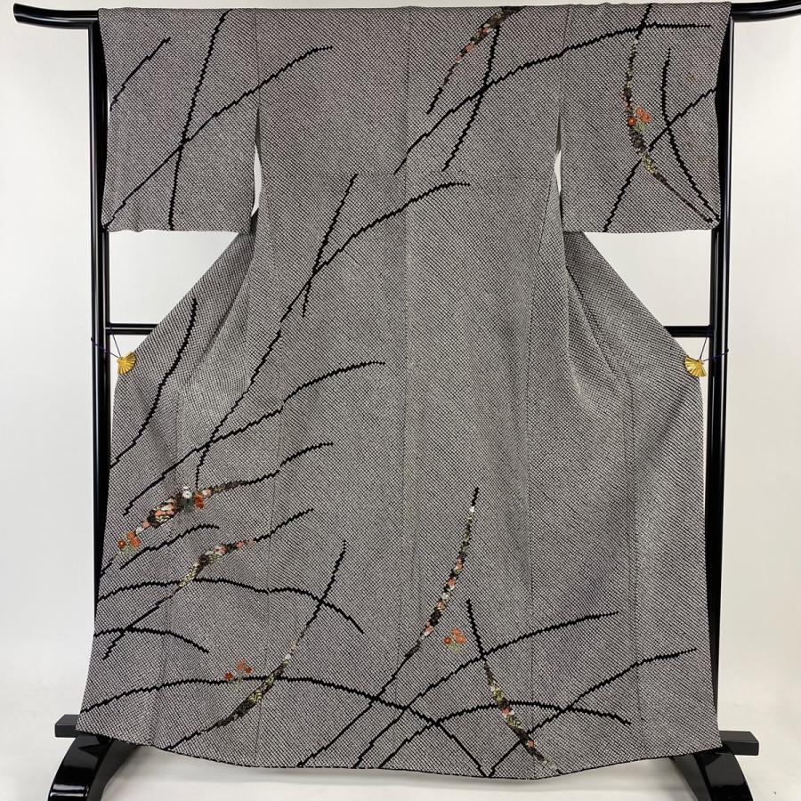 訪問着 身丈163cm 裄丈64.5cm M 袷 秋草 総絞り 刺繍 黒 正絹 名品  