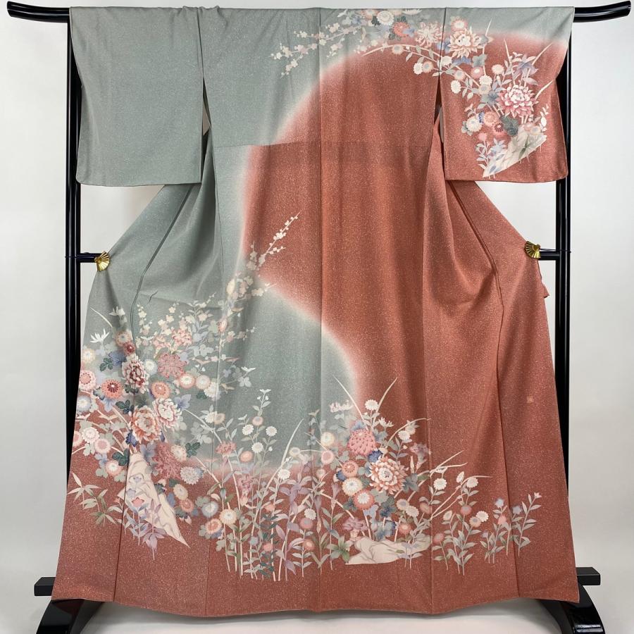 訪問着 身丈165cm 裄丈68cm L 袷 落款あり 菊 草花 染分け ぼかし 灰色  