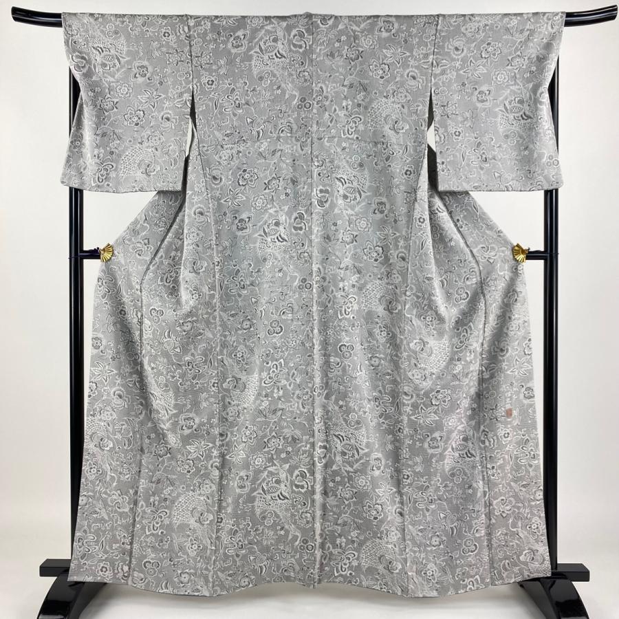小紋 身丈160cm 裄丈68cm L 袷 輝宝織 花唐草 紋意匠 灰色 正絹 美品  