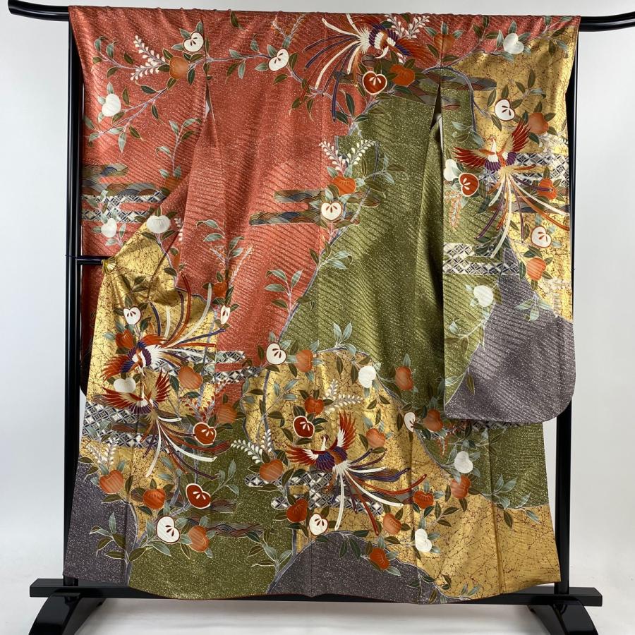 振袖 身丈158cm 裄丈67cm M 袷 尾長鳥 橘 金糸 金彩 薄紅色 正絹 美品  