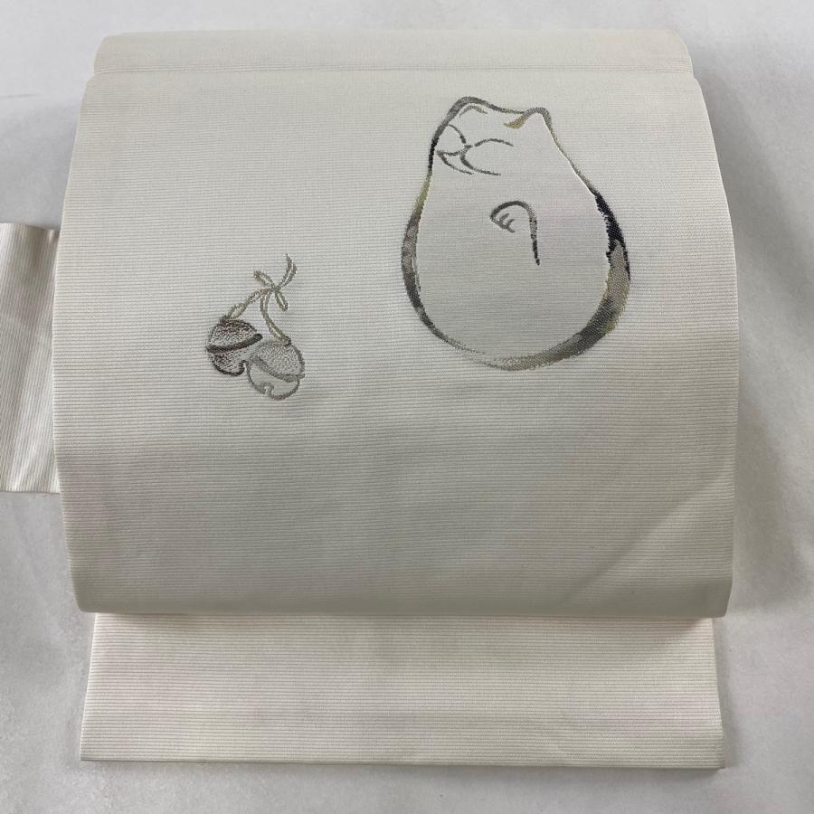 名古屋帯 美品 逸品 落款 網糸織 猫 鈴 金銀糸 ラメ糸 灰色 正絹 