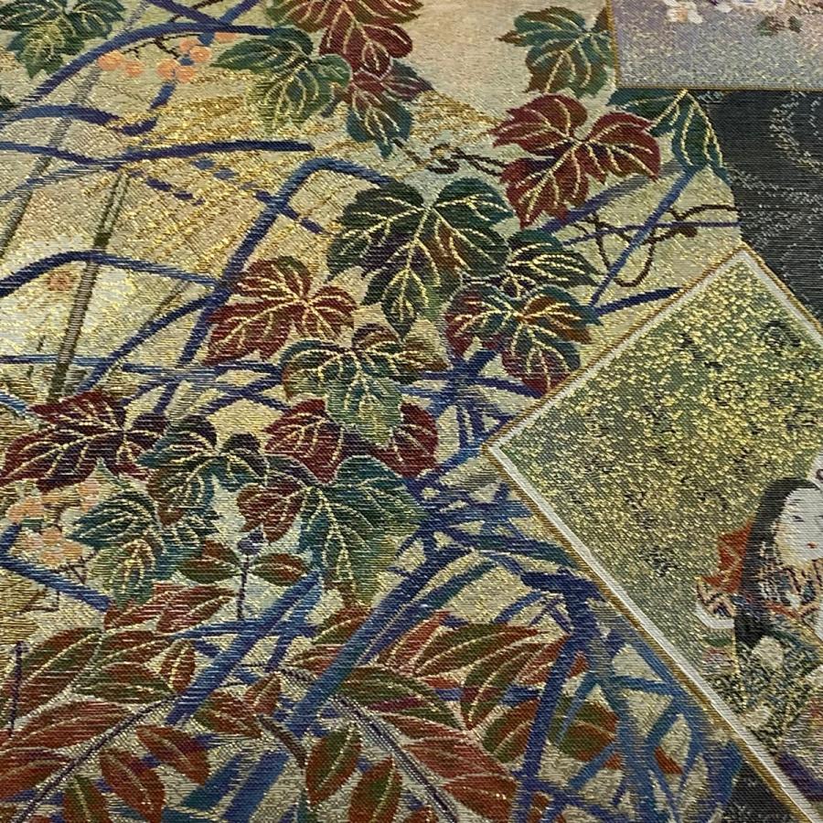 丸帯 美品 逸品 日本絵画全集 プラチナ 花鳥 百人一首 金糸 本金箔 