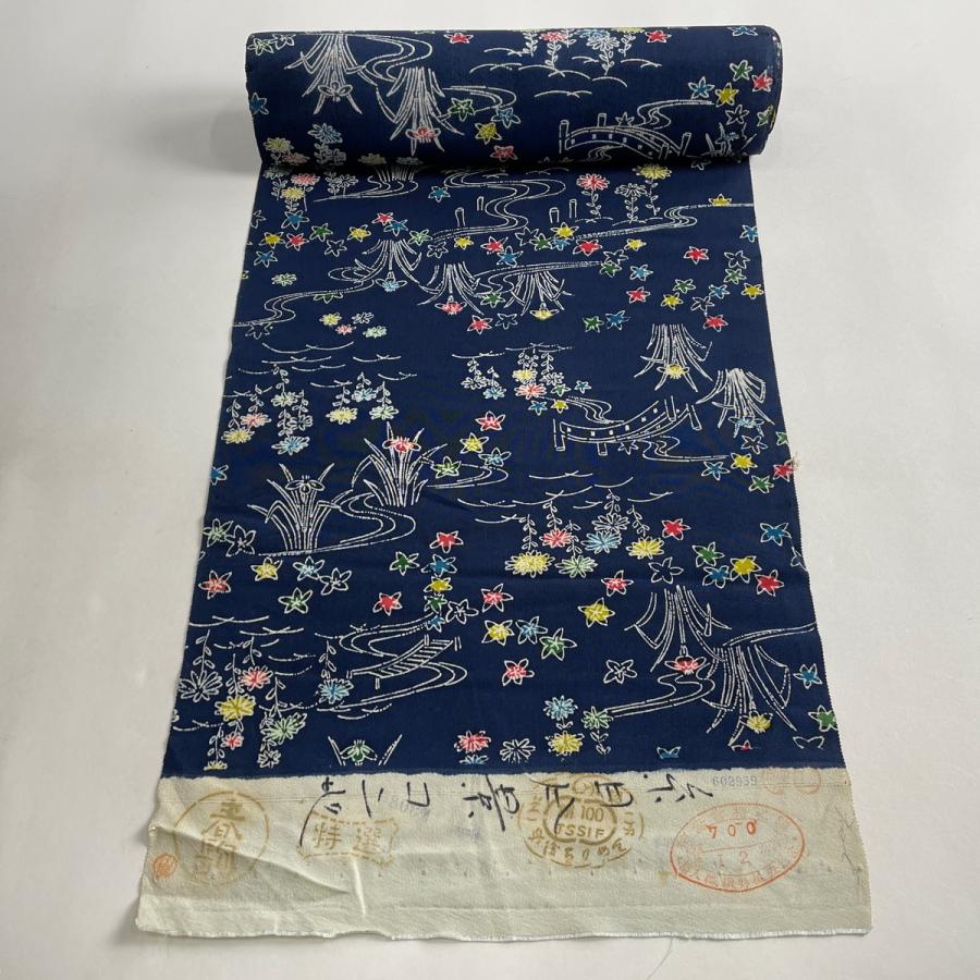 反物 秀品 小紋 草花 流水 紺色 正絹 中古 : 1000080065455 : リユース  