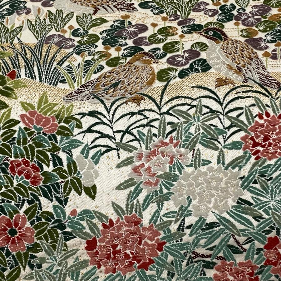 袋帯 美品 逸品 草花 鳥 箔 ベージュ 六通 正絹 中古 袋帯 美品 逸品 草花 鳥 箔 ベージュ 六通 正絹 中古
