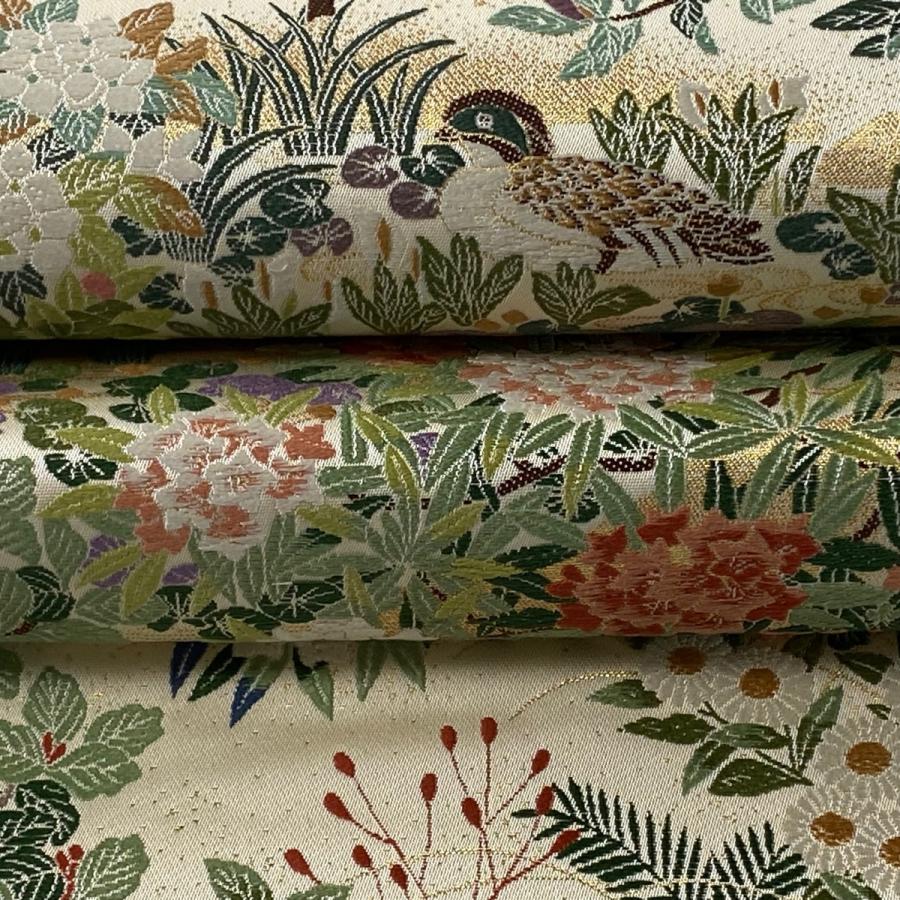 袋帯 美品 逸品 草花 鳥 箔 ベージュ 六通 正絹 中古 袋帯 美品 逸品 草花 鳥 箔 ベージュ 六通 正絹 中古