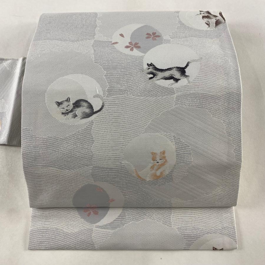 名古屋帯 美品 逸品 証紙あり 猫 月と桜 灰色 正絹 中古  