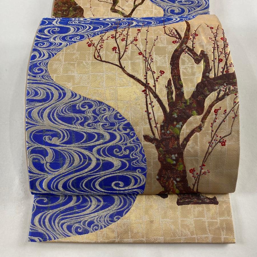 丸帯 美品 逸品 落款 枝梅 月 箔 金色 全通 正絹 【中古】（丸帯 美品  