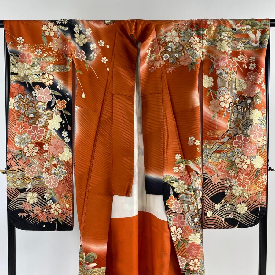 振袖 身丈159.5cm 裄丈66cm M 袷 袋帯フルセット 御所車 桜 金糸 金彩 