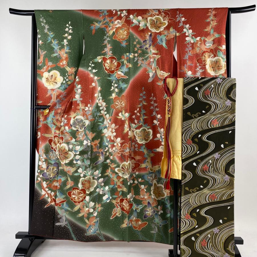 振袖 身丈159.5cm 裄丈64cm M 袷 袋帯フルセット 梅 金彩 金糸 朱色  