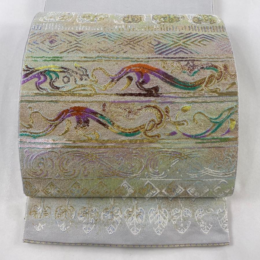 袋帯 逸品 龍村光峯 落款あり 関西仕立て 龍 草花 金糸 箔 灰色 六通  