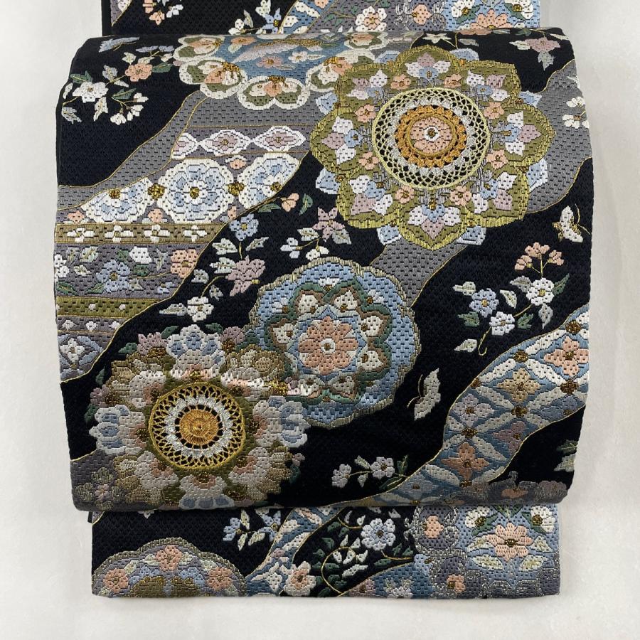 袋帯 美品 逸品 華文 花喰鳥 絽刺し 金銀糸 黒 全通 正絹 中古  