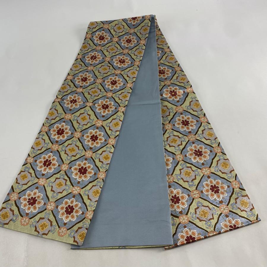 袋帯 美品 逸品 蜀江華文 花唐草 汕頭刺繍 銀糸 クリーム 六通 正絹 