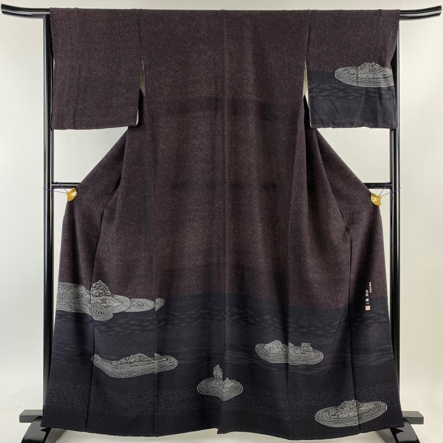 訪問着 身丈162cm 裄丈65.5cm M 袷 赤塚順一 落款あり 枯山水 小豆色  