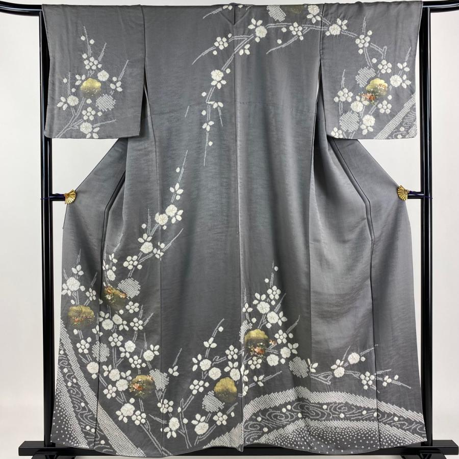 訪問着 身丈157cm 裄丈65.5cm M 袷 菊 梅 絞り 刺繍 灰色 正絹 秀品  