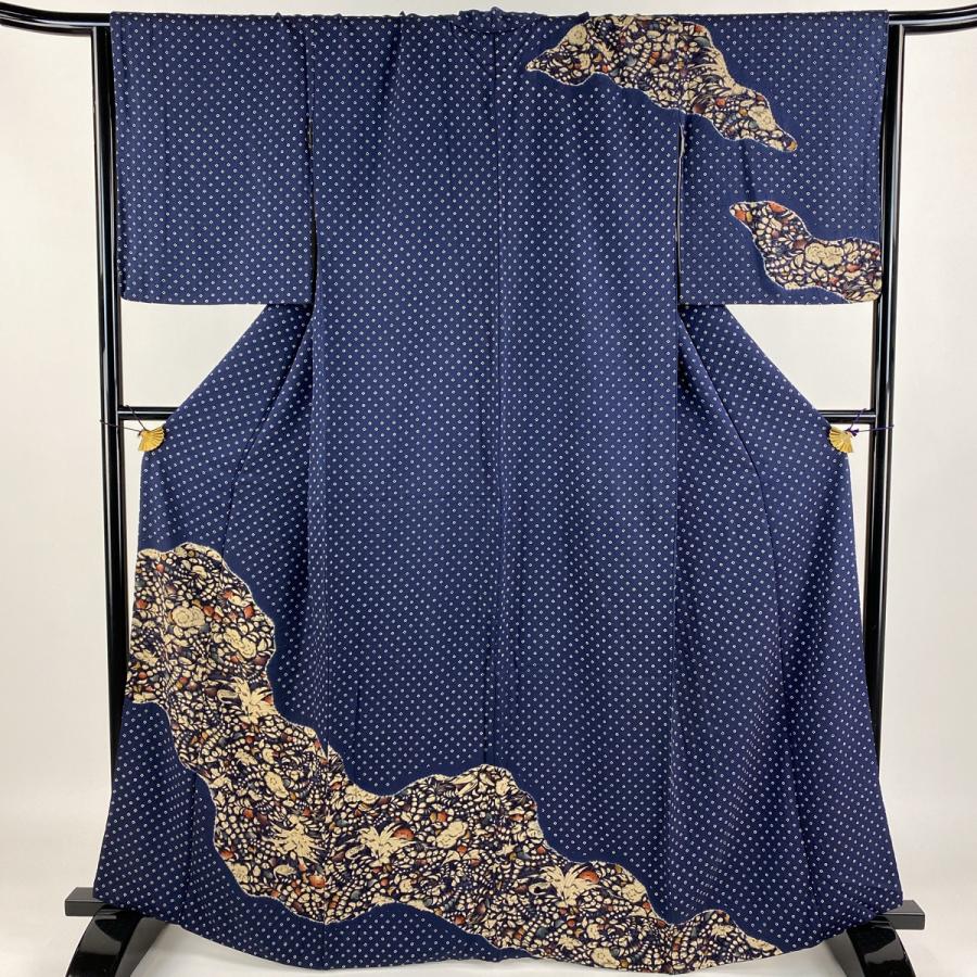 付下げ 身丈163.5cm 裄丈66.5cm M 袷 道長取り 草花 絞り 紺色 正絹 秀  