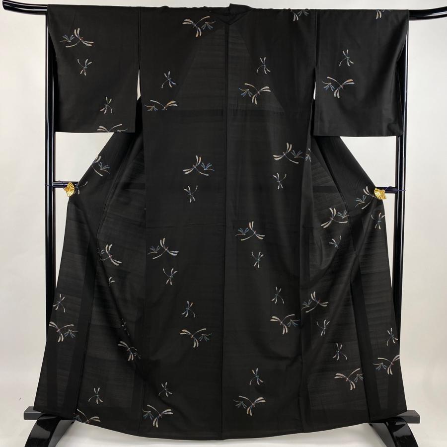 大島紬 身丈164cm 裄丈66cm M 単衣 純泥染 証紙あり 蜻蛉 墨色 正絹  