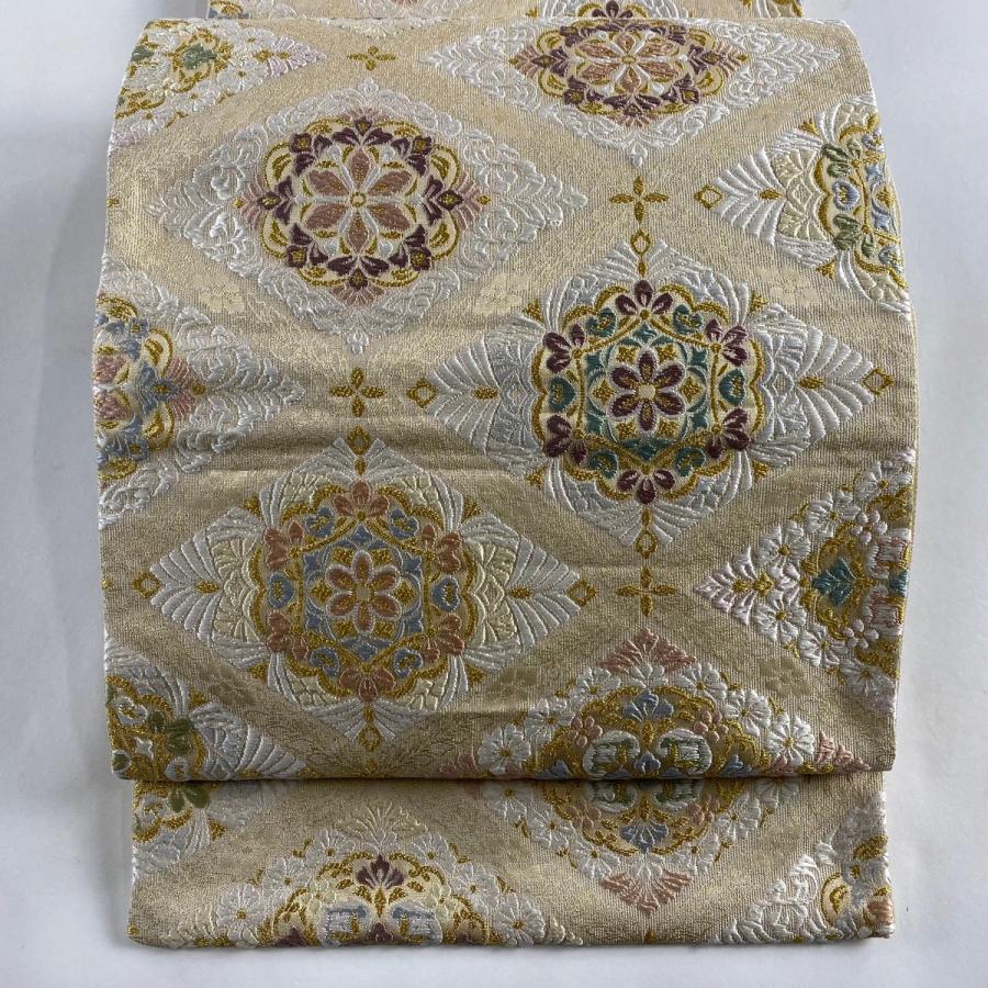 袋帯 美品 名品 綴唐織 華文 花菱 箔 唐織 ベージュ 六通 正絹