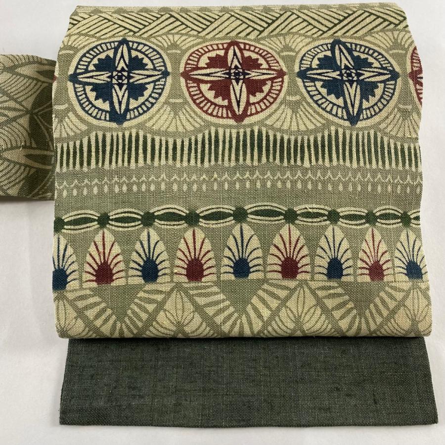 名古屋帯 美品 逸品 栗山吉三郎 落款あり 夏帯 幾何学 灰緑 麻 中古  