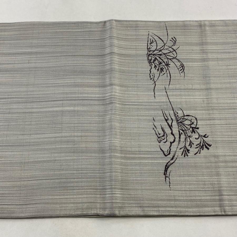 袋帯 美品 逸品 ますいわ屋 鳥獣戯画 灰茶 お太鼓柄 正絹 中古  