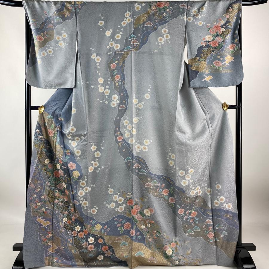 訪問着 身丈168.5cm 裄丈68.5cm L 袷 草花 鴛鴦 金彩 灰紫 正絹 名品  