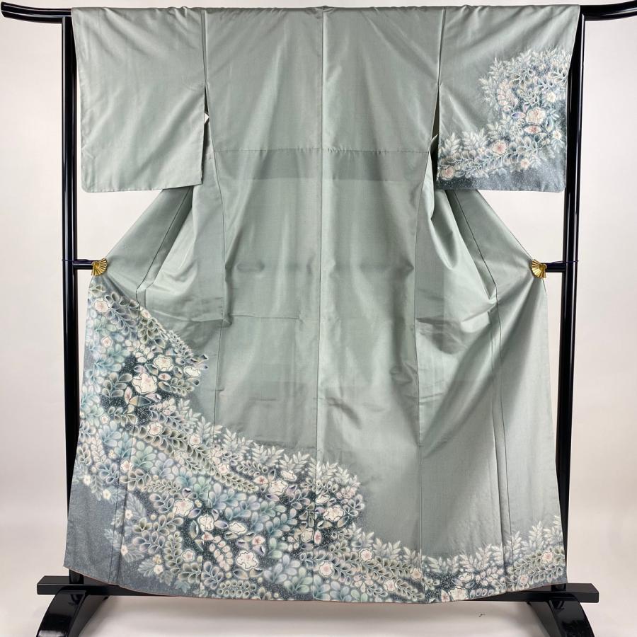 付下げ 身丈160cm 裄丈65cm M 袷 紬地 辻が花柄 ぼかし 青灰色 正絹  