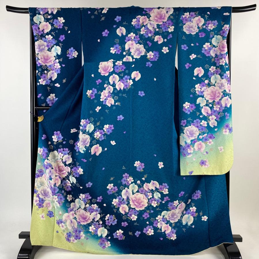 振袖 身丈170cm 裄丈67cm M 袷 花 蘭 銀通し 箔 青緑 正絹 逸品 中古  