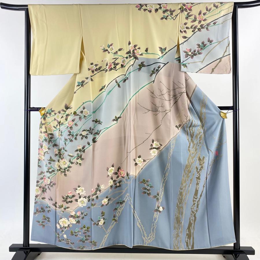 訪問着 身丈156cm 裄丈64cm M 袷 杉浦伸 落款あり 枝花 染め分け  