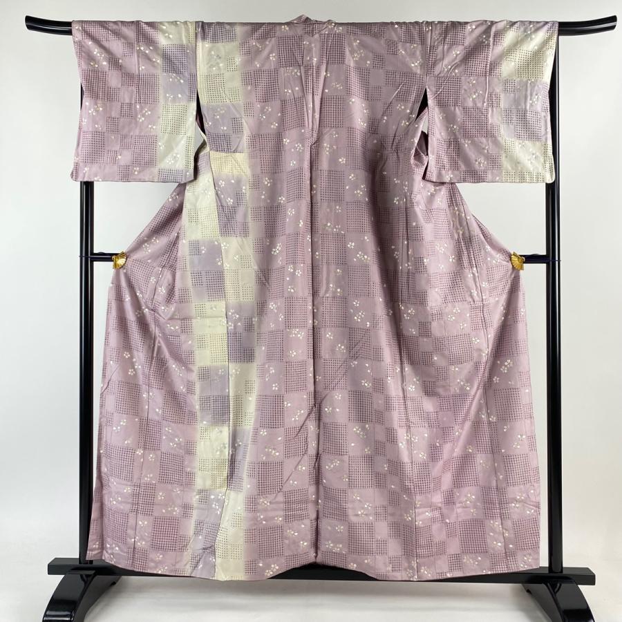 付下げ 身丈159cm 裄丈69cm L 袷 紬地 桜 市松 汕頭刺繍 刺繍 薄紫  