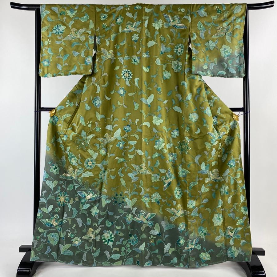 訪問着 身丈165.5cm 裄丈64.5cm M 袷 鳥 華文 金糸 刺繍 鶯色 正絹  