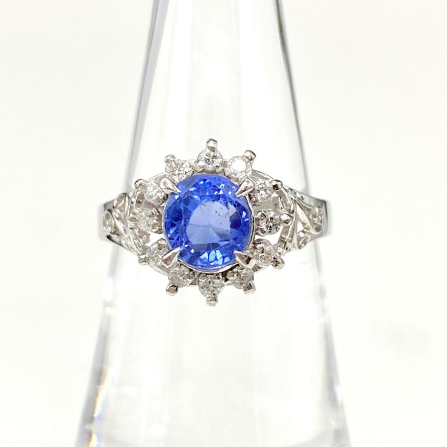 サファイア デザインリング プラチナ 指輪 メレダイヤ リング 13号