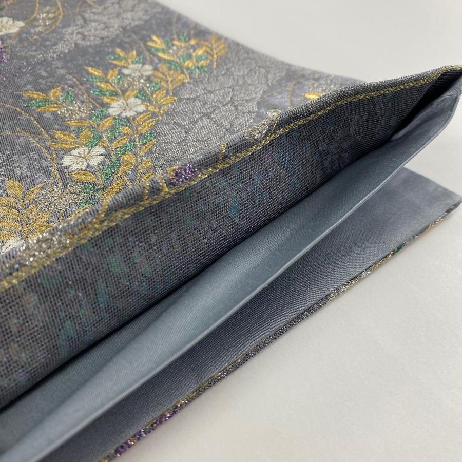 袋帯 彩臈紙工房 四角模様に宝尽くし 金糸 ガード加工 藍鼠色 O-2554 袋帯 彩臈紙工房 四角模様に宝尽くし 金糸 ガード加工 藍鼠色 O