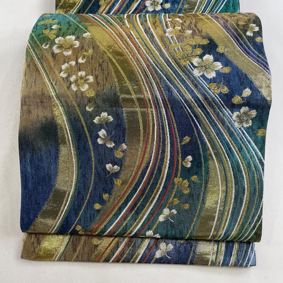袋帯 美品 秀品 桜 よろけ縞 刺繍 箔 青 六通 正絹 中古 : リユース 