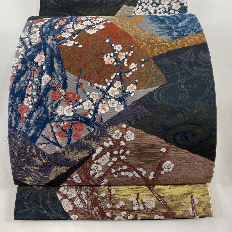 袋帯 美品 秀品 梅林 梅 流水 箔 濃紺 六通 正絹 中古 : リユース