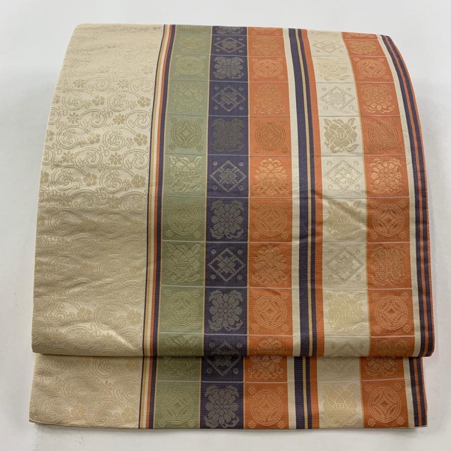 袋名古屋帯 美品 秀品 縞 七宝 箔 クリーム 正絹 中古 : リユース  