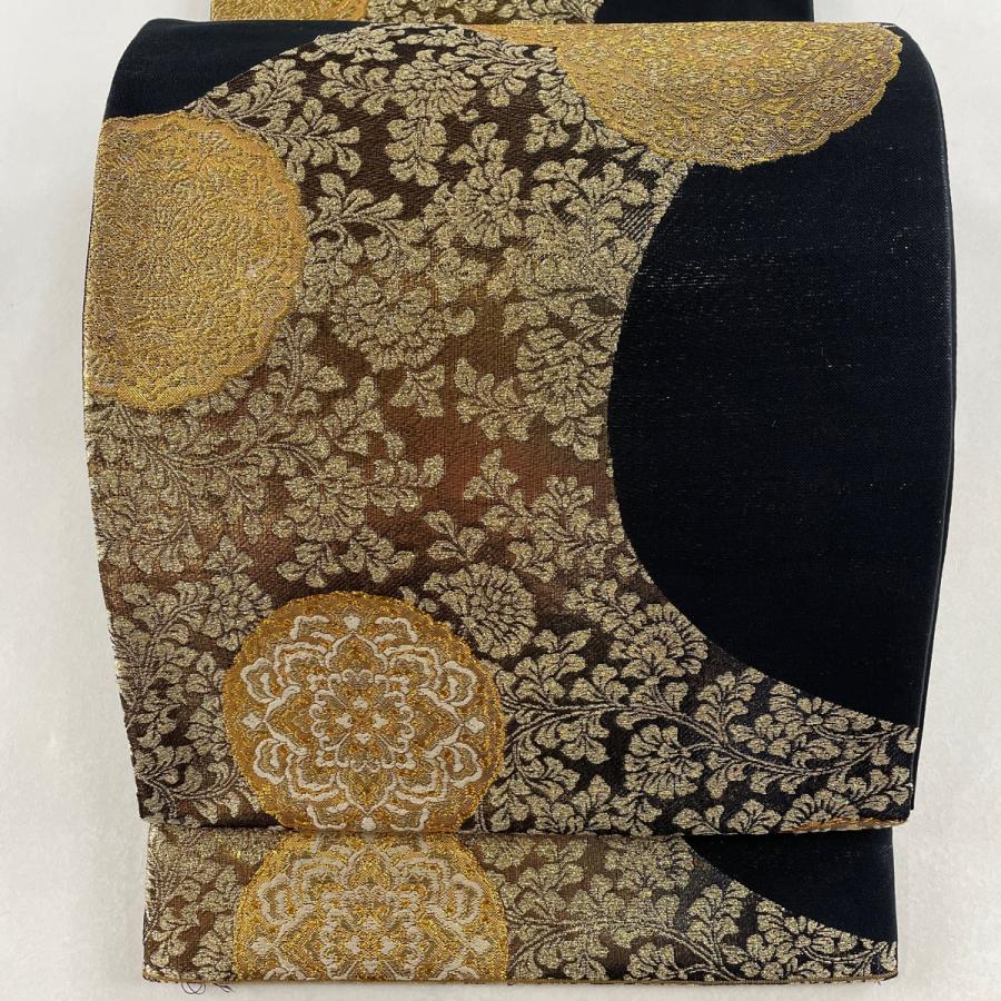 袋帯 美品 秀品 華文 花唐草 金糸 箔 黒 六通 正絹 中古