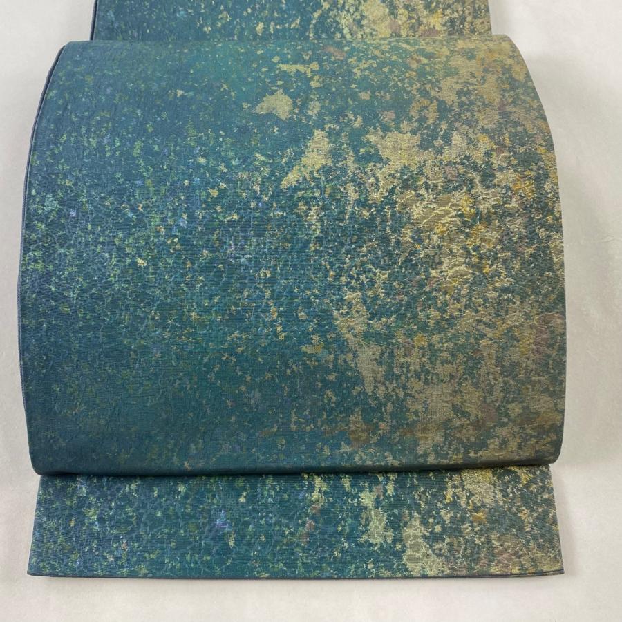 袋帯 美品 秀品 幾何学 箔 青緑 六通 正絹 中古 : リユースセレクト