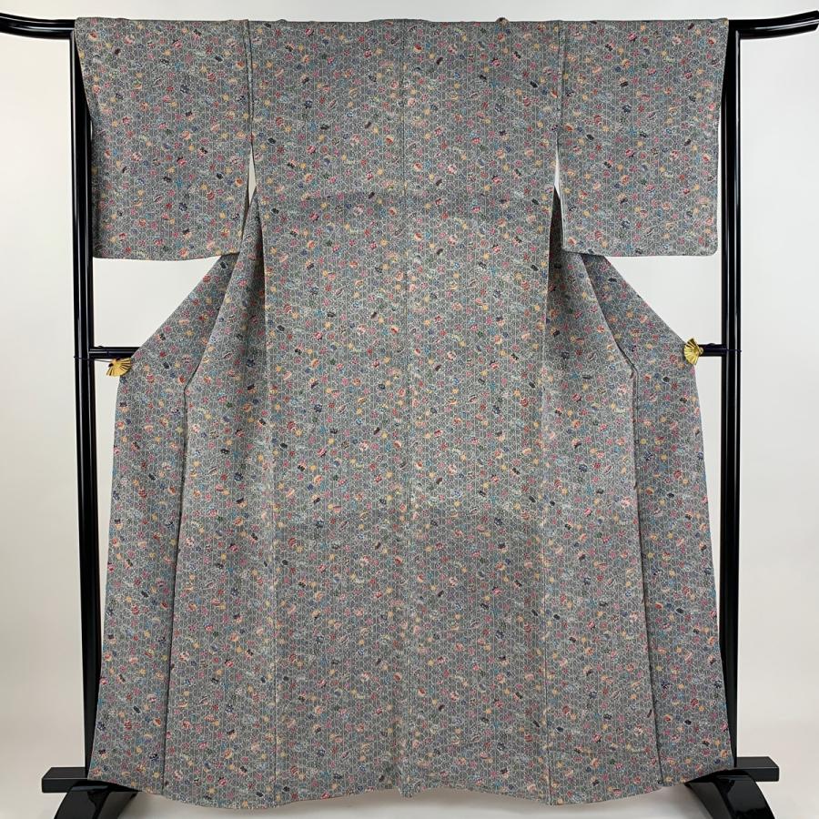 小紋 身丈161cm 裄丈65cm M 袷 手鞠 梅 縮緬 灰色 正絹 美品 秀品 中古  