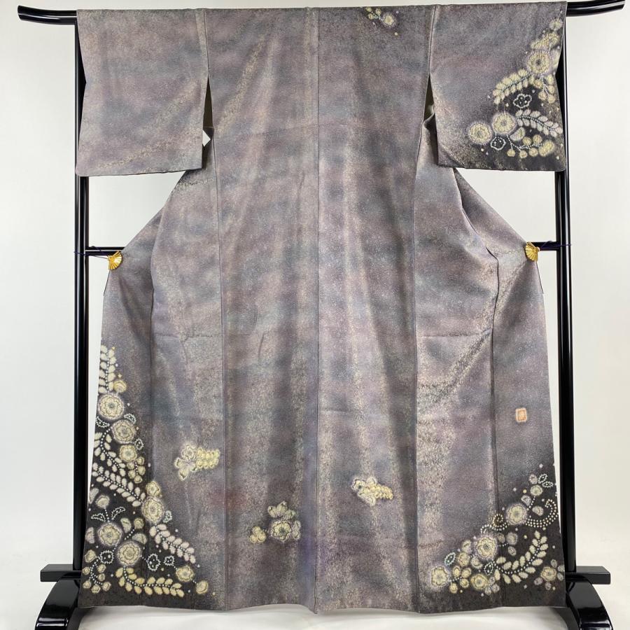 訪問着 身丈168cm 裄丈65.5cm M 袷 落款あり 辻が花 金通し ぼかし 灰